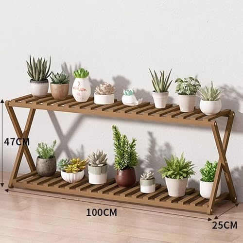 Plant Stand for Indoor Outdoor Tiered Plant Shelf 2 Tier Bamboo Flower Holder Ladder Rack for Multiple Plant Pot Stand for Living Room Balcony Garden,Walnut-39.4" L - Image 2