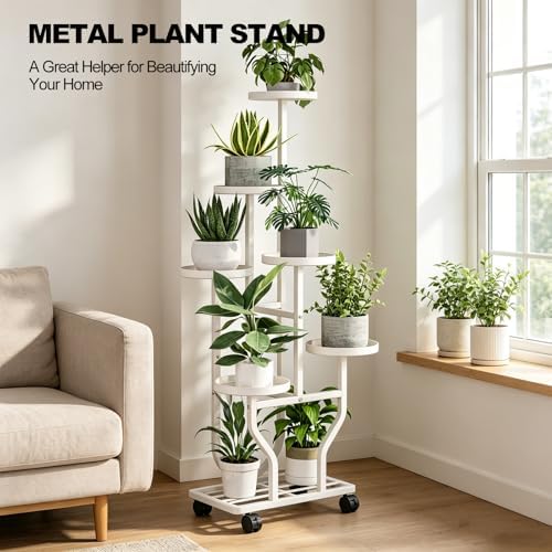 Plant Stand with Wheels, White 6 Tier Metal Plant Shelf for Indoor Outdoor - Image 5