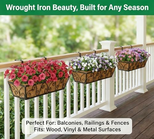 Y&M 4Pcs 30'' Large Railing Planter Boxes with Coco Liner, Outdoor Hanging Window Flower Boxes for Deck, Fence, Porch, and Patio - Image 6