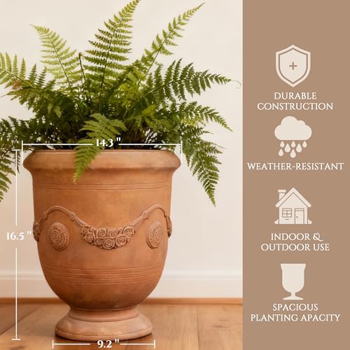 Urn Planter, 16.5 Inch Large Garden Plant Pots, Rust Color - Image 3