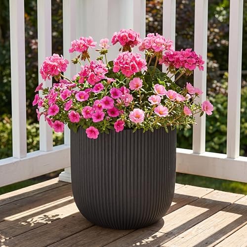 16" Pillar Fluted Outdoor Planter, Black, Modern Round Plant Pot - Image 3