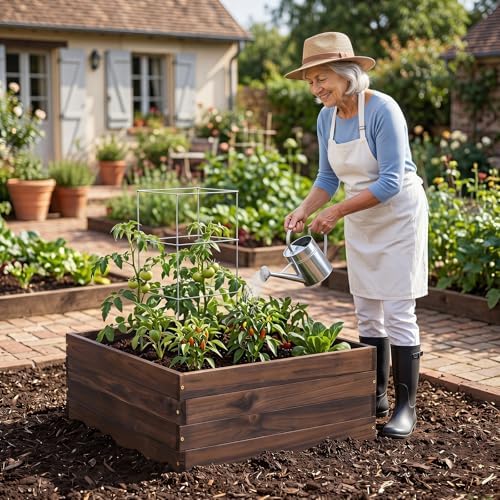 GIANTEX Wooden Raised Garden Bed Set 2, 23" x 23" Square Fir Wood Planter Box with Open-Ended Base for Vegetables Flowers Herb, Indoor Outdoor Elevated Planter Container for Patio Yard Garden Balcony - Image 7