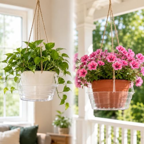 25 PCS Hanging Basket Saucers for Plants – Clear 6-12 Inch Plastic Watering Tray with Hooks, Anti-Leak Drip Pan & Water Catcher for Indoor & Outdoor Hanging Baskets (8 in,25PCS) - Image 2