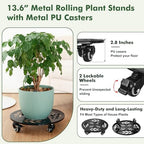 Planterhoma 2 Packs 14 Inch Rolling Plant Stand with Wheels Metal Plant Caddy with Wheels Heavy Duty Plant Rollers with Metal Wheels Round Wrought Iron Plant Stand with Clear Saucers, Glossy Black - Image 2