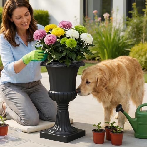 Urn Planter Set of 2/4 19.7 Inch Tall Plastic Flower Pots Traditional Classic Round Decorative Container for Front Porch Garden Patio Entryway Indoor Outdoor Display Black 4 - Image 3