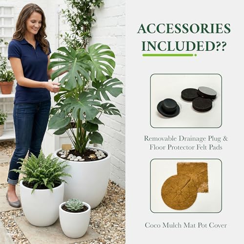 DTY Mount Yale 11.8" D x 11" H (Pot Opening 8.3") Fiberstone Planter with Drainage Hole, Weather Resistant for Indoor and Outdoor, 2 Extra Coco Mats - White, Small - Image 6