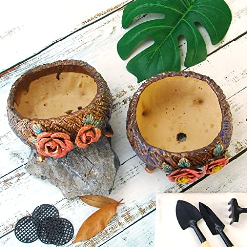 6.3 Inch Succulent Pot Handmade Flower Design Round Ceramic Antique Plant Pot Cactus Pot Planter with Drainge and Mesh Pad (Orange) - Image 6