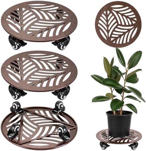 3-Pack Large Metal Plant Caddy with Wheels 13.6 Inches Heavy-duty Rolling Plant Stands with Casters Wheeled Flower Pot Mover Rollers Rust-proof Iron Planter Dolly Coasters for Indoor Outdoor Use by PartyZealot