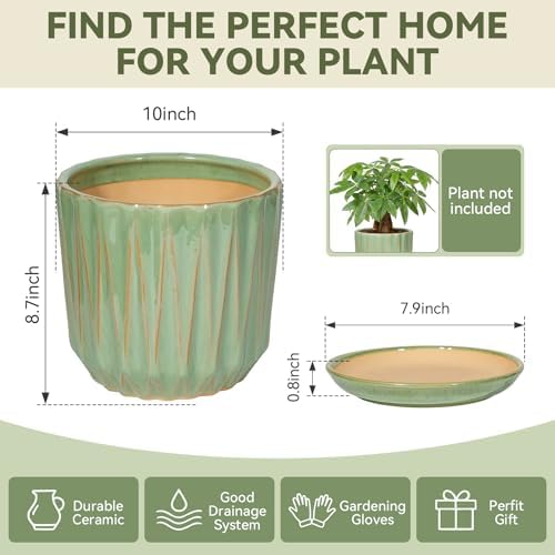 10 Inch Ceramic Planter Pot with Saucer Drainage Leak-Proof Mesh,Flower Pots for Indoor Plants with Gardening Gloves,Ceramic Planter(Light Green) - Image 6