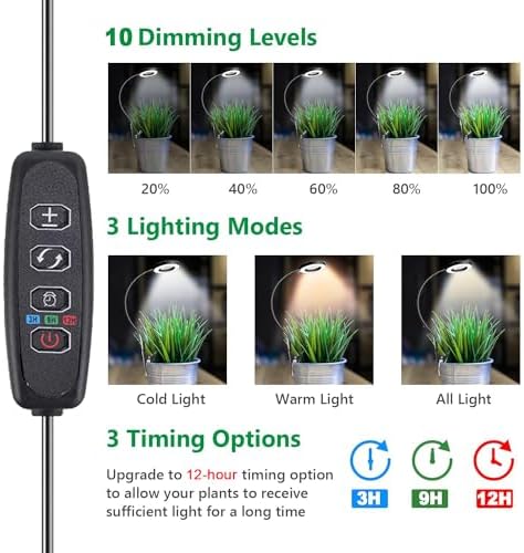 Grow Light,Full Spectrum Pot Clip LED Plant Growth Light with Auto On/Off Timer 3/9/12H,Plant Lamp with 360°Rotatable Gooseneck, 10 Dimmable Brightness, Ideal for Small Indoor Plants, 3 Pack - Image 5
