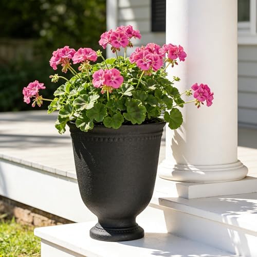 16" Recycled Resin Urn Planter, Weatherproof Drainage Holes, Outdoor Black - Image 3