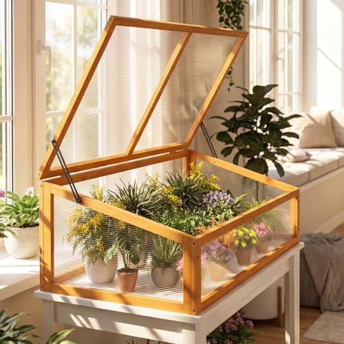 Giantex Wood Cold Frame Greenhouse, Portable Raised Planter Bed Protection with Transparent Flip-top Roof, Small Indoor Outdoor Hot House for Garden Sunroom Balcony, 37”x25”x16” - Image 7