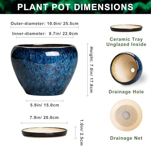 10 Inch Plant Pot, Ceramic Planter with Drainage and Saucer, Blue - Image 2