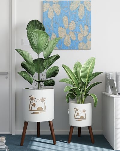 2 Set Plant Pot with Stand 10 & 12 inches – Large Indoor Pots for Plants with Solid Oak Wood Stand & Drainage, Palm，White ＆ Gold - Image 5