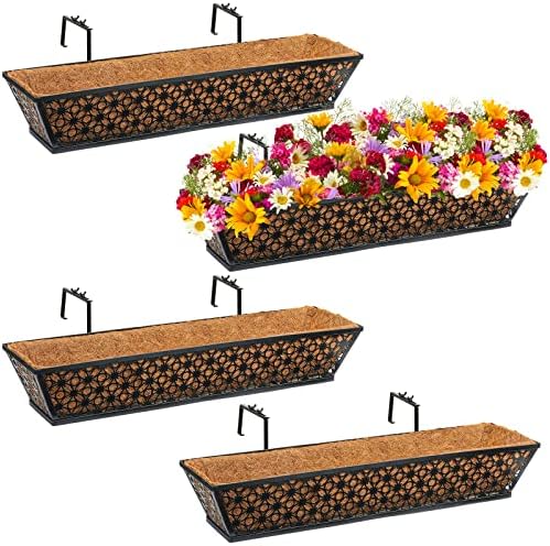 Geetery 4 Pcs 30 Inch Deck Railing Planter Boxes with Adjustable Brackets Coco Liner, Window Hanging Flower Baskets Trough Black Metal for Summer Porch Fence Patio Balcony Garden Outdoor Indoor by Geetery
