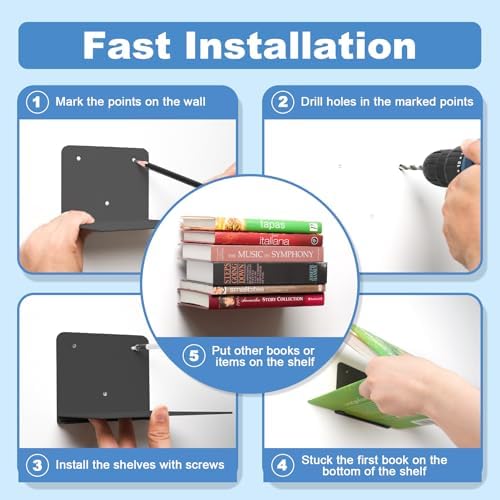 FENTEC 6 Pack Black Invisible Floating Bookshelves for Wall Mounted - Image 7