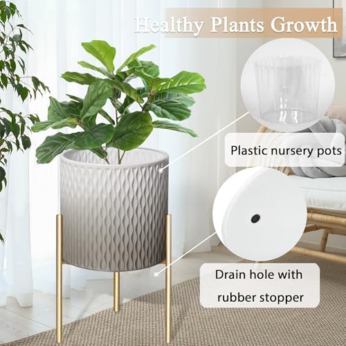 ARNIS Plants Pots with Stand,Set of 2 Flower Pots, Unique Mid Century Decorative Metal Flower Pots with Drainage,10.5&12.25 Inch, Grey and White - Image 4