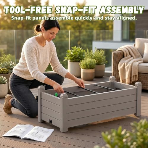 Vixzen Raised Garden Bed Resin Planter Box with Wood Grain Finish, Lockable Wheels, Support Poles & Bottom Storage Shelf, Built-in Drainage for Outdoor Vegetables Flowers (Light Brown) - Image 4