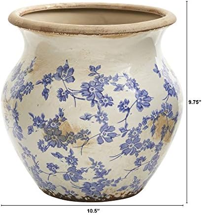 Nearly Natural 10.5in. Tuscan Ceramic Blue Scroll Urn Vase, Green - Image 2