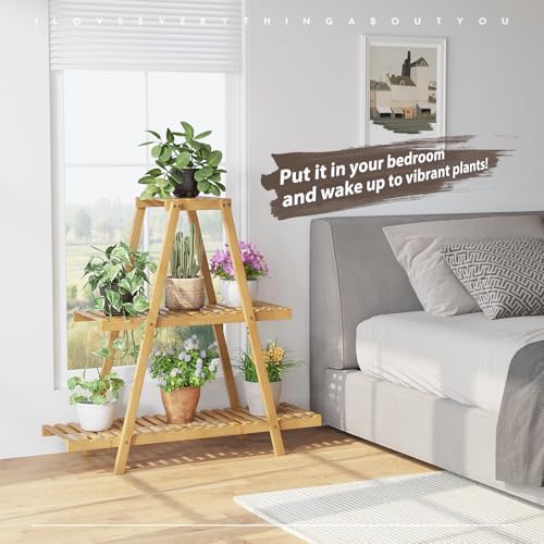 STDDRE Plant Stand For Indoor Outdoor Tiered Plant Shelf 3 Tier 8 Potted Bamboo Flower Holder Ladder Rack For Multiple Triangle Table Plant Pot Stand (Natural) - Image 4