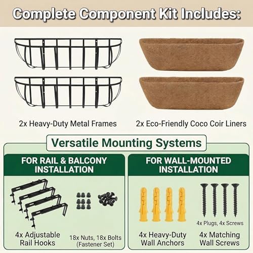 16'' Window Box Railing Planter with Coco Liner,2 Pack Horse Trough Planters Black Metal Hanging Flower Planters Basket for Porch Fence Patio Indoor Outdoor Lawn - Image 5