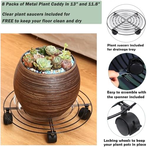 8 Packs Large Metal Plant Caddy with Wheels 13" and 11.8" Heavy-Duty Wrought Iron Rolling Plant Stands with Casters Plant Dolly Plant Roller Base Indoor and Outdoor Plant Pot Movers Planter Rollers - Image 3