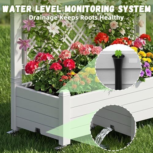 Vixzen Raised Garden Bed Elevated Planter Box Resin Outdoor Plant Stand with Wheels Climbing Trellis Drainage Water Gauge Gardening Patio(Off-White) - Image 2