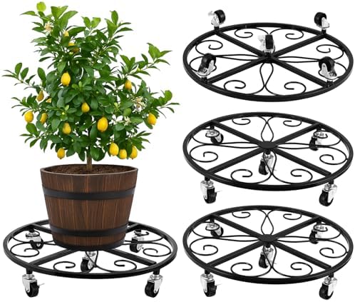4 Pack Plant Caddy with Wheels 18 Inch Rolling Plant Stand for Large Plants Heavy Duty Plant Rollers Metal Plant Dolly Rustproof Planter Stand Wrought Iron Plant Stands Flower Cart Outdoor by PartyZealot