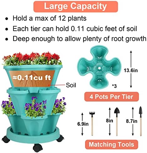 GameXcel Vertical Planter Tower - 3 Tier Stackable Garden Planters with Wheels and Tools Plant Pots for Strawberry Herb Flower and Vegetable Indoor Outdoor Use Teal 2 Pack - Image 5