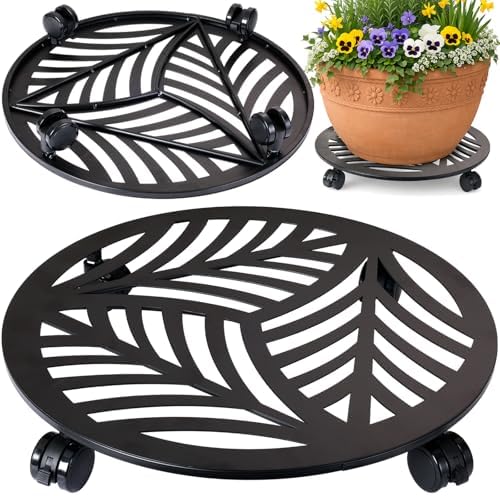 1 Pack 16" Extra-Large Metal Plant Caddy with Wheels Heavy-Duty Iron Rolling Plant Stands Indoor Outdoor Wheeled Plant Dolly Coaster Planter Mover Rollers Base, Leaf Style by Planterhoma