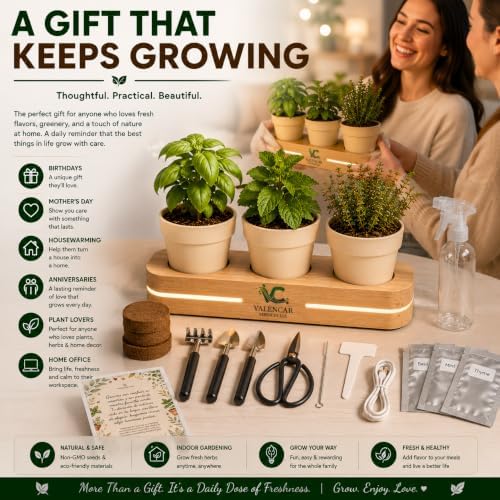 Wooden Indoor Herb Garden Kit with LED Grow Light - Modern Countertop Planter for Kitchen Decor, Unique Gardening Gift for Women & Beginners, 3 Pot Indoor Planting Starter Set - Image 3