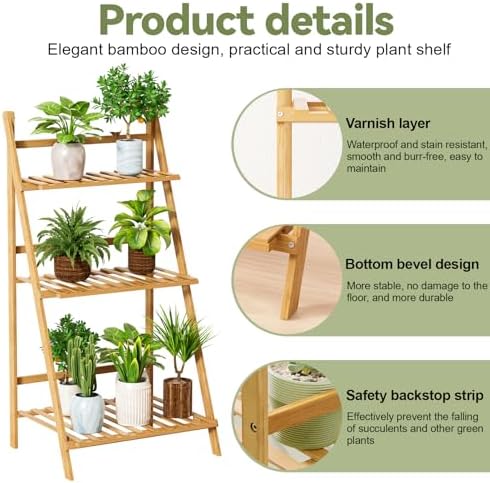 3-Tier Bamboo Ladder Plant Stand, Foldable Flower Pot Display Shelf, Indoor Outdoor Plant Shelf for Multiple Plants, Freestanding Planter Holder Organizer Rack for Balcony, Patio, Living Room - Image 6