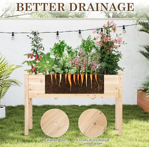 Raised Garden Bed with Legs, 48x24x30 inch Wood Elevated Planter with Protective Liner for Vegetable Flower Herb, Outdoor Planter Box Kit for Balcony Patio Backyard, Natural - Image 3