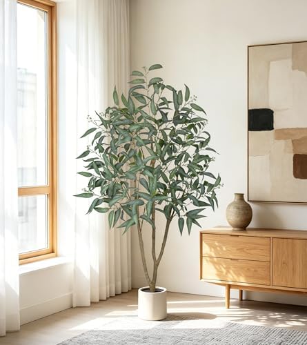Eucalyptus Trees Artificial Indoor - 5FT Tall Faux Eucalyptus Plants in White Planter, Fake Plant Décor for Farmhouse Bedroom Office Room Hallway Decoration - Image 4