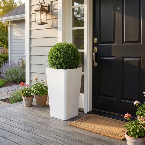 KOL Planters for Outdoor Plants, 20 Inch Tall White Flower Pots 2 Pack, Large Plastic Plant Pots with Drainage Hole and Dual-Purpose Tray, Decorative Indoor Planter for Front Porch Patio Garden - Image 7