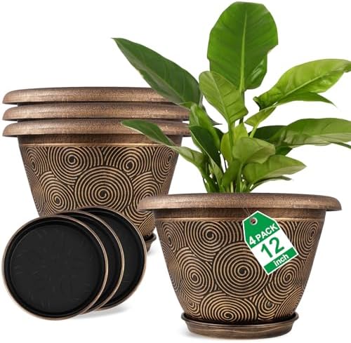 Fodetyff 12 Inch Large Planter Pot for Plants Indoor Outdoor, 4 Pack Plastic Flower Pots with Drainage Hole & Tray, Modern Decorative Garden Pot with Saucer, Plant Container for House by Fodetyff