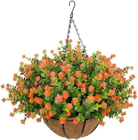NETAP Artificial Hanging Flowers Basket for Outdoor, 16 Fake Flowers Look Real UV Resistant, Faux Hanging Plants for Porch, Balcony, Patio, Garden, Spring Summer Decor,Orange by NETAP