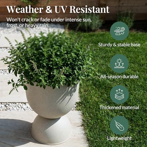 KOL Planters Flower Pots, Plastic Urn Planters for Indoor Outdoor Plants, Beige Pedestal Planter Pots 2 Pack, 15 Inch Tall Decorative Planters with Drainage Holes & Plugs for Front Porch Patio Garden - Image 4