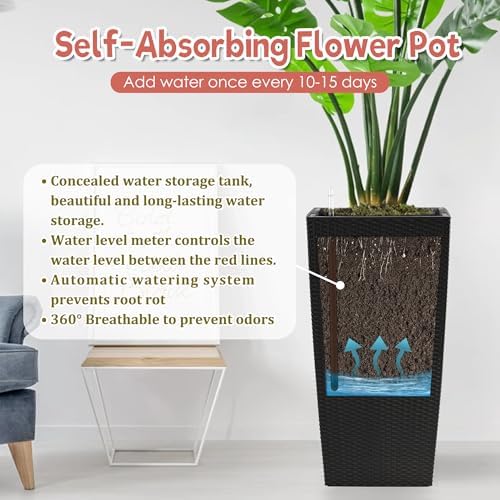 30 Inch Tall Self-Watering Planters, Large Black Flower Pot - Image 2