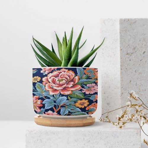 Bright and Chinoiserie Ceramic Planter Coral Peony Floral Snake Plant Live Indoor with Pot with Drainage Holes and Saucers Pot for Succulents Cactus Garden Windowsill - Image 7