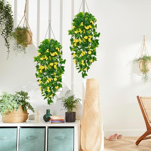 BLEUM CADE Artificial Hanging Flowers for Outdoors, 4pcs Fake Hanging Plants Pothos Vines with Yellow Flowers for Wall Home Living Room Indoor Outdoor Decor (No Baskets) - Image 4