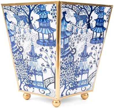 Gold Plant Pot, Blue White Enamel Square Cachepot Indoor, 4In by JayesStudio
