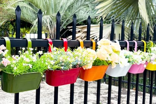 6 Pack 12" Colorful Metal Railing Planters with Hooks for Outdoor Fence - Image 2