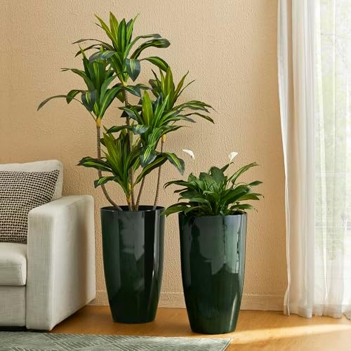 Glitzhome 23.5" H Large Tall Planter for Outdoor Plants,Set of 2 Plastic Tall Planters with Drainage Holes,Round Tapered Faux Ceramic Gradient Green Flower Tree Pots for Porch Patio Indoor Outdoor - Image 5