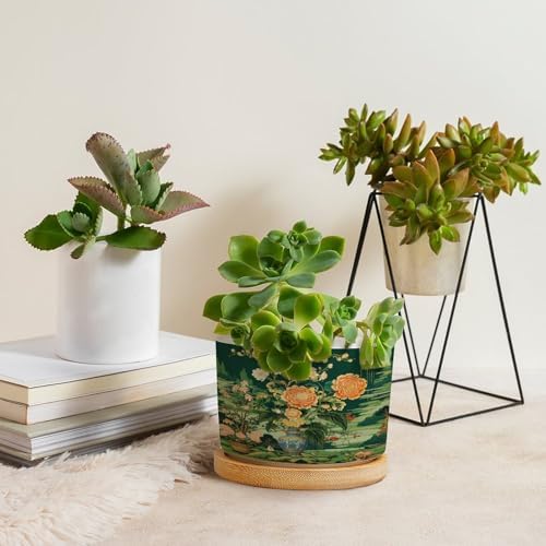 Vase Green Chinoiserie Ceramic Planter Daily Planters for Indoor Plants with Drainage Holes and Saucers Pot for Home Desktop Office Windowsill - Image 4