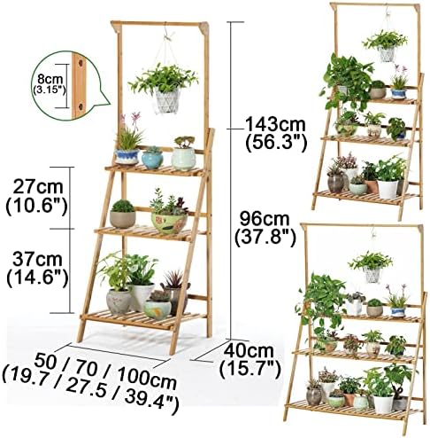 LIGUOYI 3-Tier Ladder Plant Stand Hanging Garden Display Shelf, Bamboo Plant Pot Holder H 56'' Folding Potted Plants Display Ladder Shelf Sturdy Durable for Home Storing Plants Flowers - Image 5