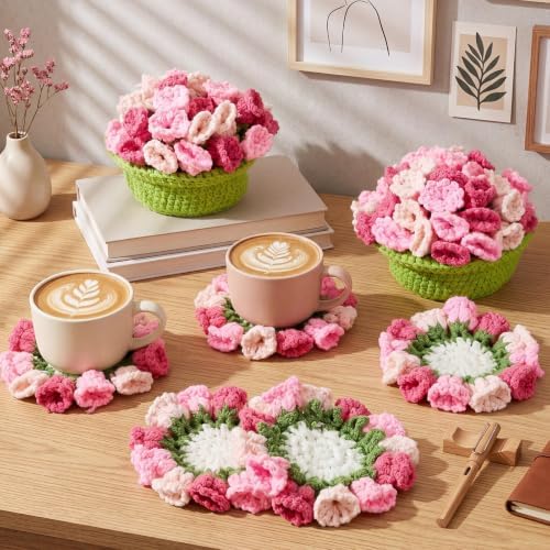 HunnmingRe 15 Pcs 3D Cute Crochet Flower Coasters Set, Spring Summer Floral Table Coasters with Plant Pot Holder, Soft Decorative Cup Mat, Housewarming Gift(Pink,Lily of the Valley​) - Image 2