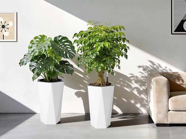 22.5 Inch Tall Planters Set of 2, Outdoor Planters Self Watering Plant Pots with Water Level Monitor, Multiple Drainage Holes, Flower Pots for Patio, Porch, Living Room, or Home Office, White - Image 3