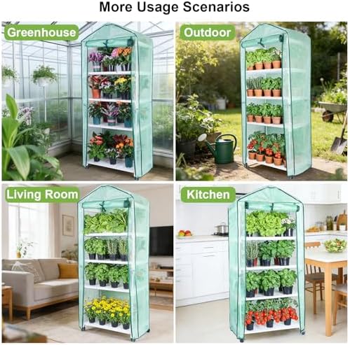 Mini Indoor Greenhouse, 4-Tier Portable Plant Greenhouse Cabinet with Wheels, Waterproof PVC Tent Cover for Indoor Outdoor Seed Starting, Plants, Flowers (Green, 4 Tier) - Image 7