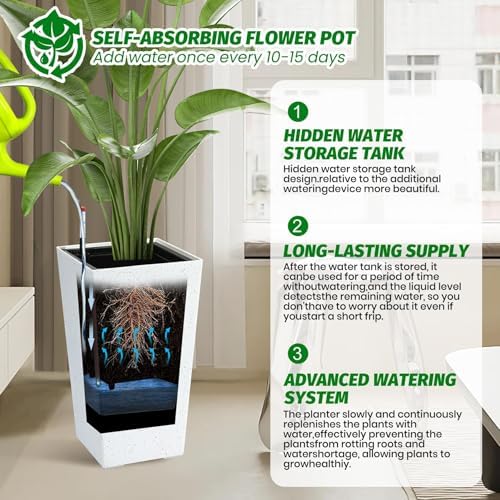 Self-Watering Tall Planters Set of 2, 22.5" Large Indoor & Outdoor Flower Pots with Water Level Monitor, Drainage Holes, Inner Bucket & Movable Wheels, for Patio Home Décor, White - Image 5